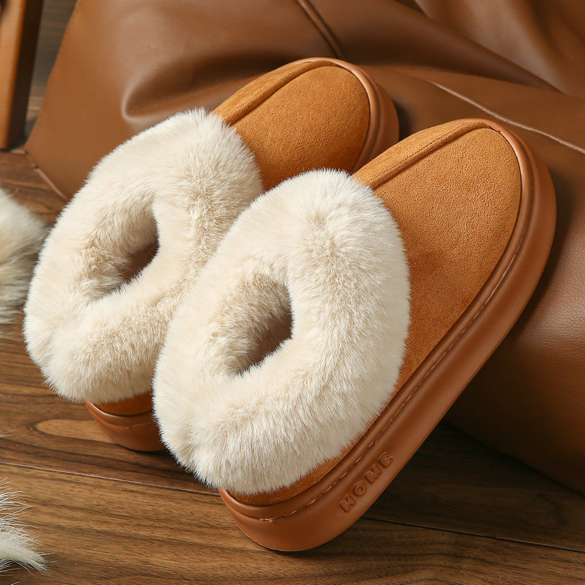 2025 Cross-Border New Pure Color Suede Splicing Home Slippers Thick-Soled Non-Slip Plush Warm Couple Cotton Shoes for Women