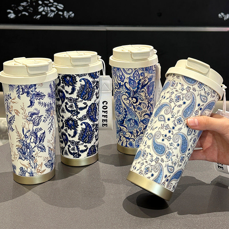 Factory Blue and White Porcelain Stainless Steel Overlord Tea Queen Flower Language Series Coffee Cup Portable Double Drinking Cup with Good Appearance