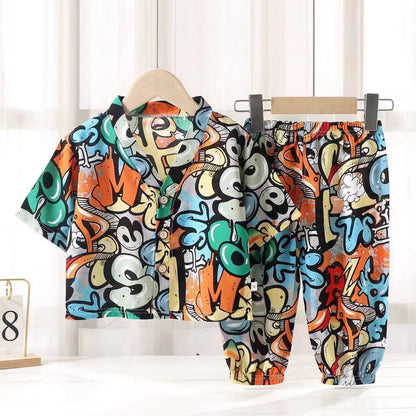 Children's Home Clothes Cotton Silk Suit Summer Boys and Girls Pajamas Artificial Cotton Two-Piece Set Cotton Silk Air-Conditioned Clothes Kidsren's Clothing