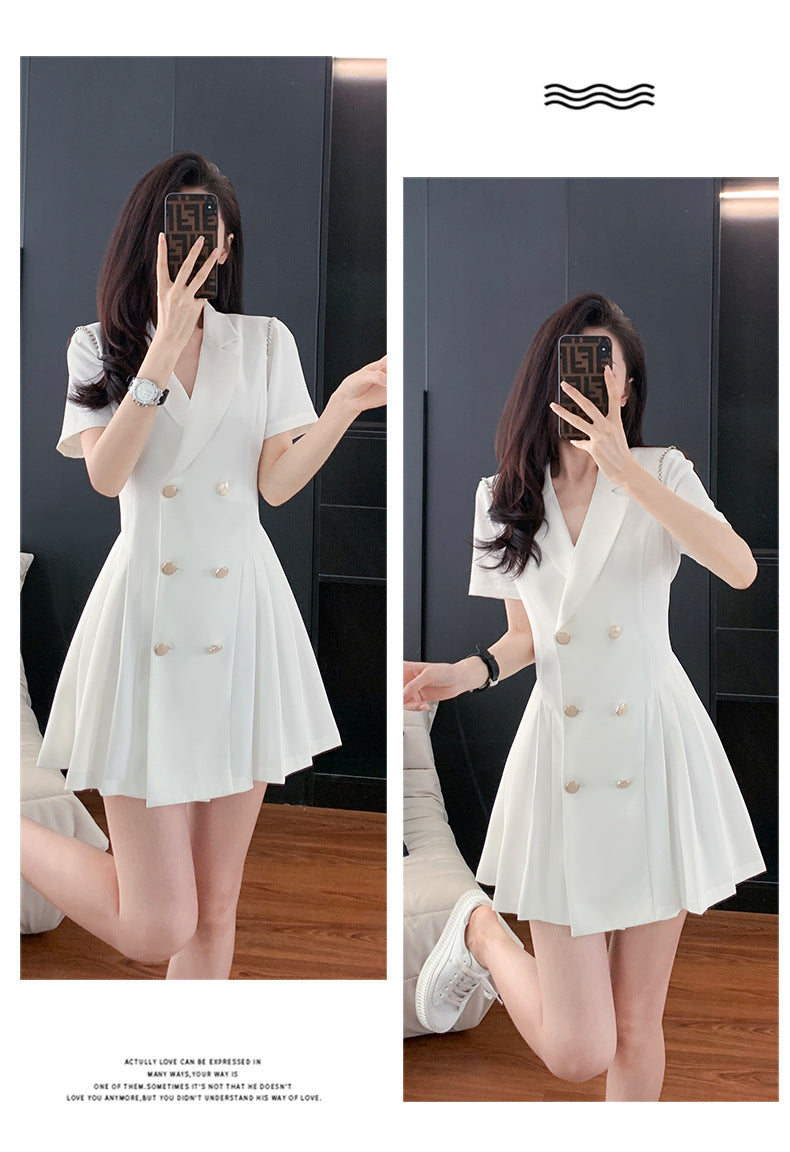 French Hepburn Style Small Black Dress High Sense High Cold Royal Sister Fried Street Small Fragrance Style Pleated Professional Suit dress Summer