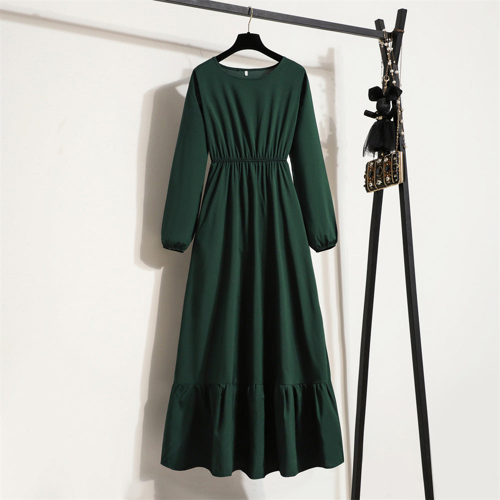Cross-border Foreign Trade Floral Chiffon Long Dress Women's Spring Dress Long Sleeve Crewneck Base Skirt Waist Slim Long Dress
