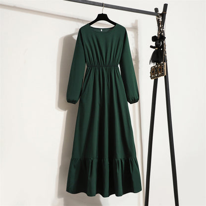 Cross-border Foreign Trade Floral Chiffon Long Dress Women's Spring Dress Long Sleeve Crewneck Base Skirt Waist Slim Long Dress