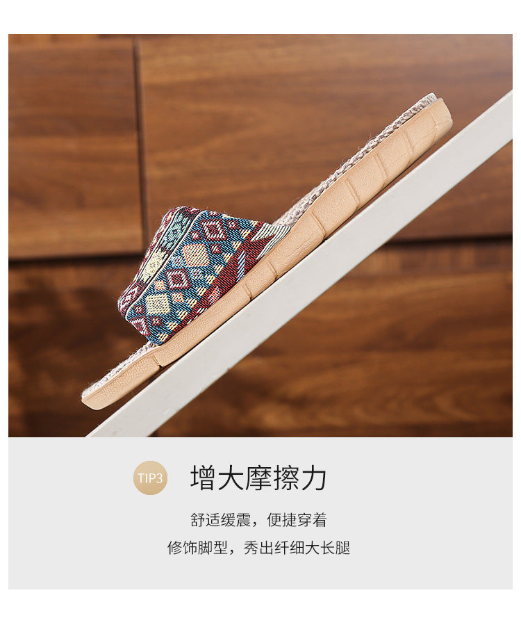 Four Seasons Home Linen Slippers Fashion Printed Thick Sole Non-Slip Sweat-Absorbent Wear-Resistant Large Sole Couple Linen Slippers Ethnic Style