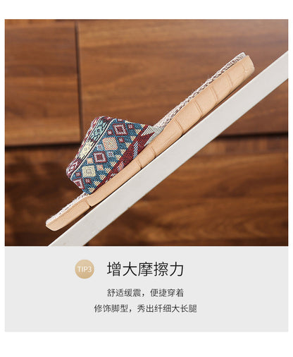 Four Seasons Home Linen Slippers Fashion Printed Thick Sole Non-Slip Sweat-Absorbent Wear-Resistant Large Sole Couple Linen Slippers Ethnic Style