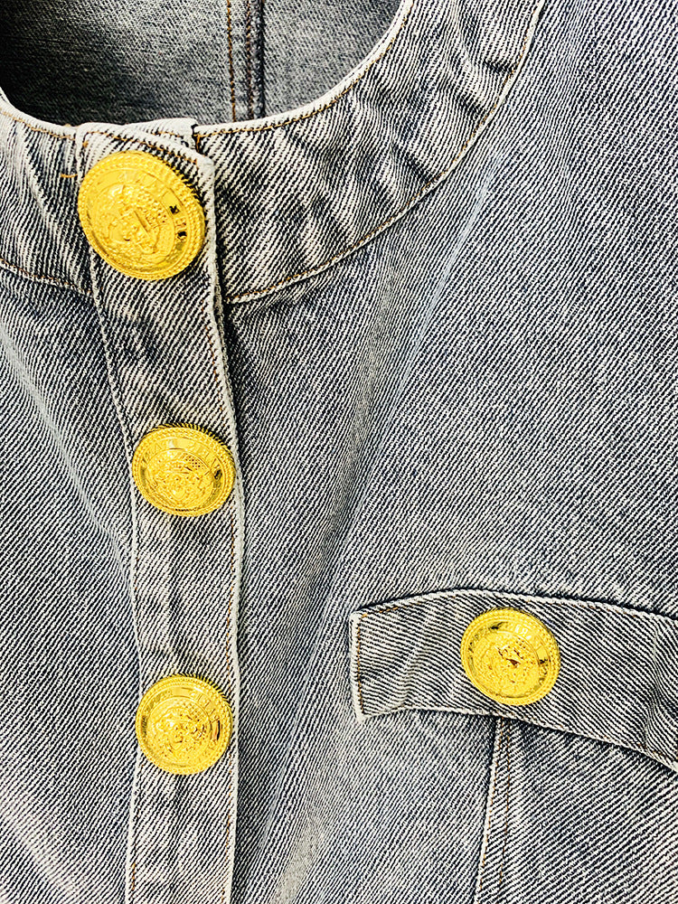 In Stock 2026 European and American Celebrity Style New Round-Neck Lion Buckle Ultra-Short Washed Denim Jacket