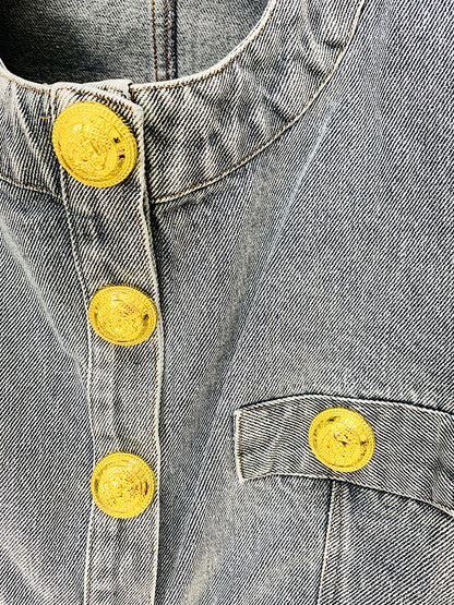 In Stock 2026 European and American Celebrity Style New Round-Neck Lion Buckle Ultra-Short Washed Denim Jacket