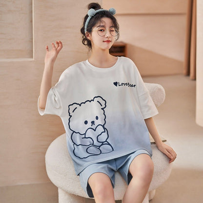 New Style Pajamas Women's Summer Short-sleeved Pullover Thin Cartoon Cartoon Bear Girl Home Clothes suit Women's Outwear