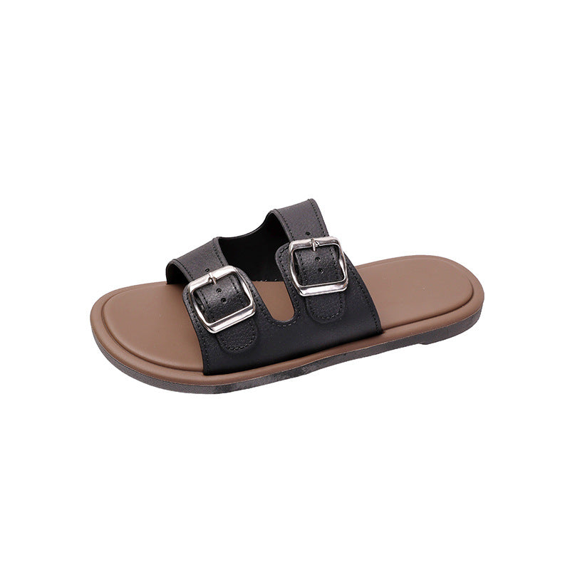 Cross-Border Slippers for Women Summer Flat-Soled Double-Strap Double-Buckle Slippers Southeast Asia New Foreign Trade Fashion Outer Wear Beach Sandals