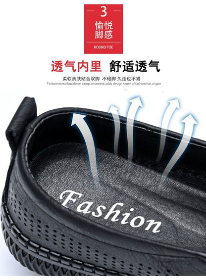 [Broken Size Processing] Leather Shoes Men's Genuine Leather Hole Shoes Dad Shoes Summer Soft Bottom Breathable Lazy Bean Shoes