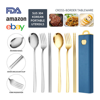 304 Stainless Steel Convenient Tableware Fork, Spoon and Chopsticks Three-Piece Set Outdoor Travel Student Storage Box Tableware Set