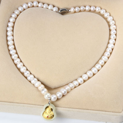 8-9 Natural Freshwater Pearl Necklace, Gold-Inlaid Jade Small Buddha Jade Necklace, Gift for Mom on Mother's Day