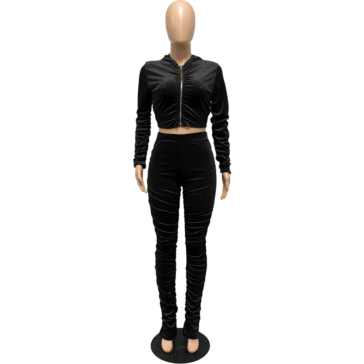 F185 European and American Women's Clothing Amazon Spring Two-piece Korean Velvet Solid Color Long Sleeve Navel Pleated Sports Suit