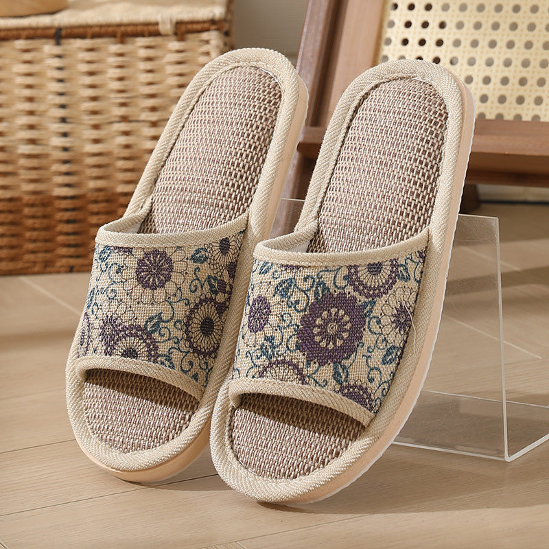 New Summer Open-Toe Home Slippers, Non-Slip, for Men and Women, Couples, Indoor, Blue and White Porcelain, Wooden Floor, Light Foam Sole, Cotton and Linen