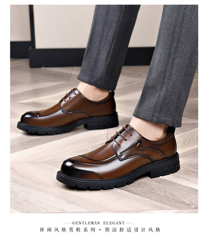 Men's Business Casual Leather Shoes with Large Toe, Thick Sole, Lace-Up, Hollow-Out Design, Fashionable British Style, Versatile Formal Men's Shoes, Breathable