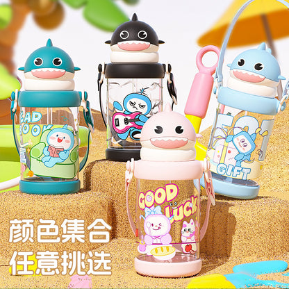 Summer Trendy Plastic Cup Cartoon Children's Outdoor Portable Cute Water Cup with Strap, High-Temperature Resistant Cup with Straw