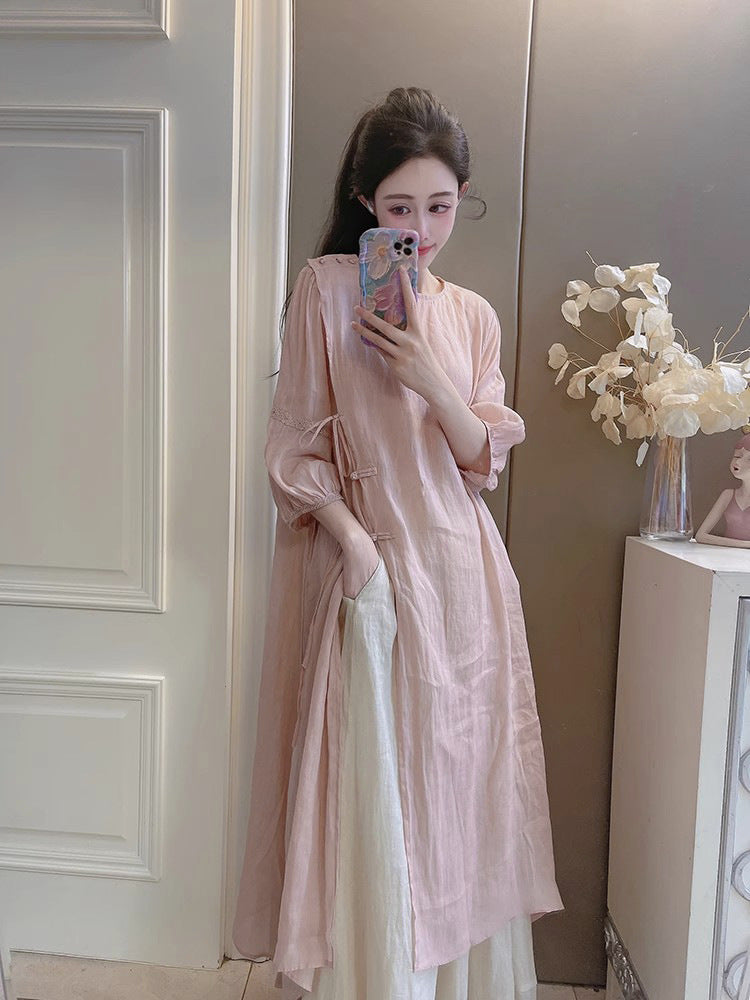 Summer New Style Quality Ramie Handmade Buckle Lace Lace Guofeng dress Double-Layer Skirt suit
