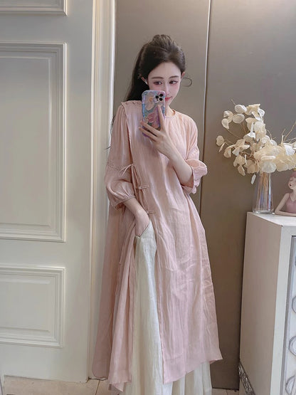 Summer New Style Quality Ramie Handmade Buckle Lace Lace Guofeng dress Double-Layer Skirt suit