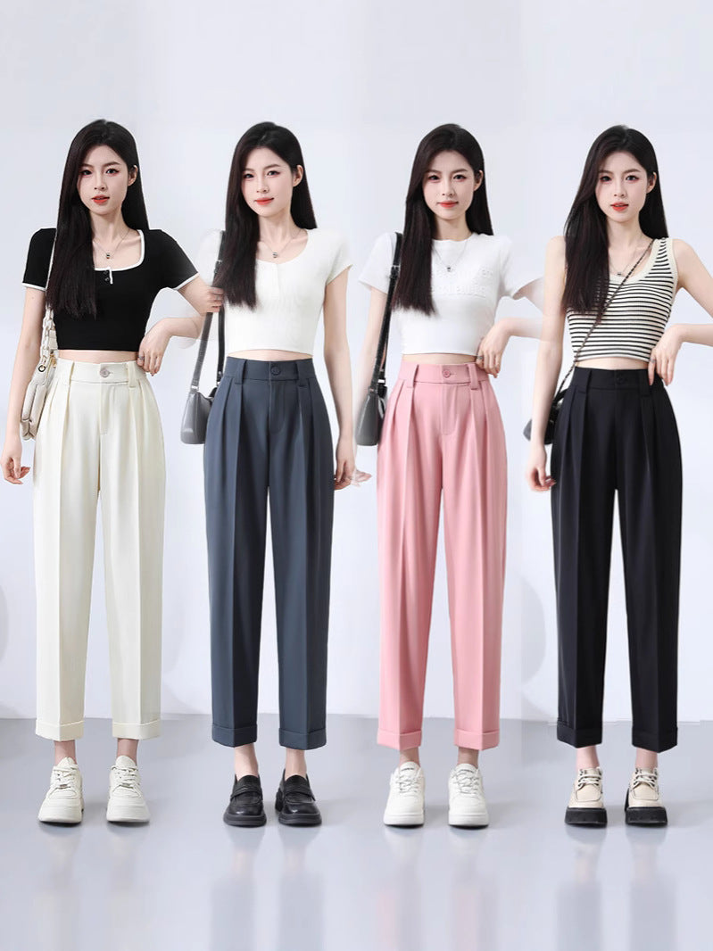 New Style Ice Silk Suit Pants for Petite Women, Cropped Straight-Leg Pants, Summer Thin Cigarette Pants, Free Shipping