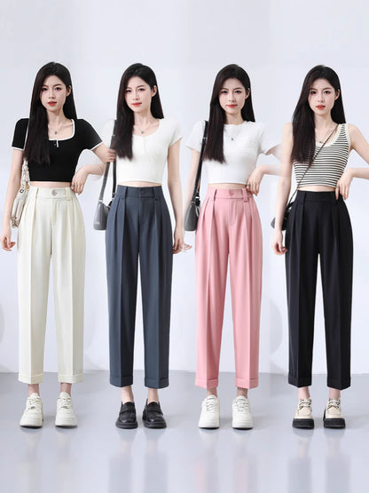New Style Ice Silk Suit Pants for Petite Women, Cropped Straight-Leg Pants, Summer Thin Cigarette Pants, Free Shipping