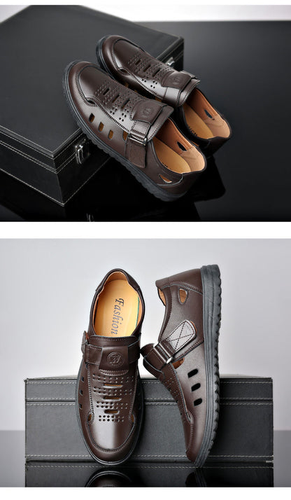 Leather cowhide special clearance shoes hollow leather sandals men's casual hole shoes middle-aged business dad shoes