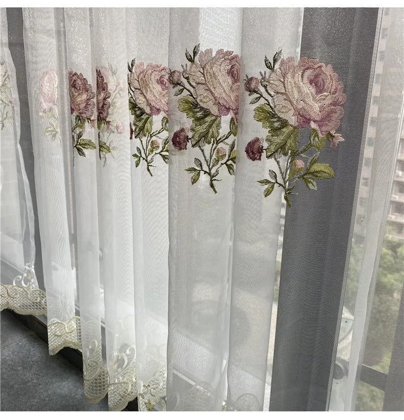 American Luxury Peony Embroidery Tulle Curtains for Living Room European Elegant Flower Embroidered Sheer Voile Bedroom Window