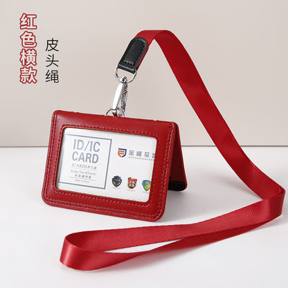 Work Card Case Detached Double Card Position Genuine Leather Folding Card Case Chest Card Lanyard Access Control Card Student School Card Rice