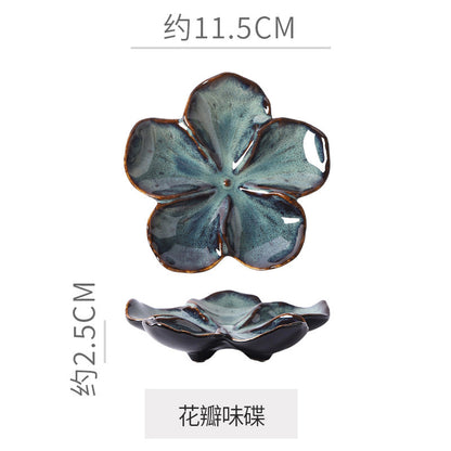 Retro Japanese Ceramic Plate Flower-Shaped Small Plate Creative Flavor Plate Dipping Plate Small Dish Multi-Color Kiln-Turned Plate