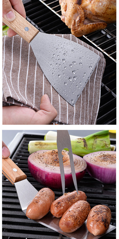 Wooden Handle Stainless Steel Spatula Korean Teppanyaki Cooking Spatula Steak Spatula Pancake Pizza Spatula Tool Set