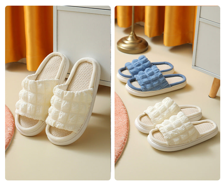 Japanese Linen Slippers for Women Spring & Fall Home Indoor Puff Cotton and Linen Silent Non-Slip Thick-Soled Bathroom Slippers for Men Wholesale