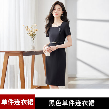[Elegant Long Skirt] V-neck Short-sleeved dress High-end Work Clothes Mid-length Skirt Spring and Summer Business Wear Uniform