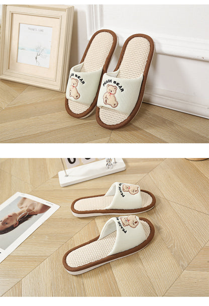 Bear Style Indoor Linen Slippers for Women Summer Home Non-Slip Women's Spring & Fall Seasons Fabric Floor Mops
