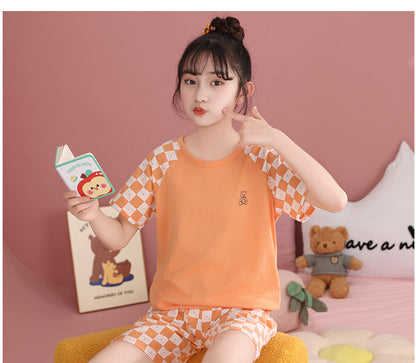 Children's Pajamas, Pure Cotton, Summer Short-Sleeved Shorts Set for Boys, Home Clothes for Girls, Air-Conditioned Clothes for Middle-Aged and Older Boys