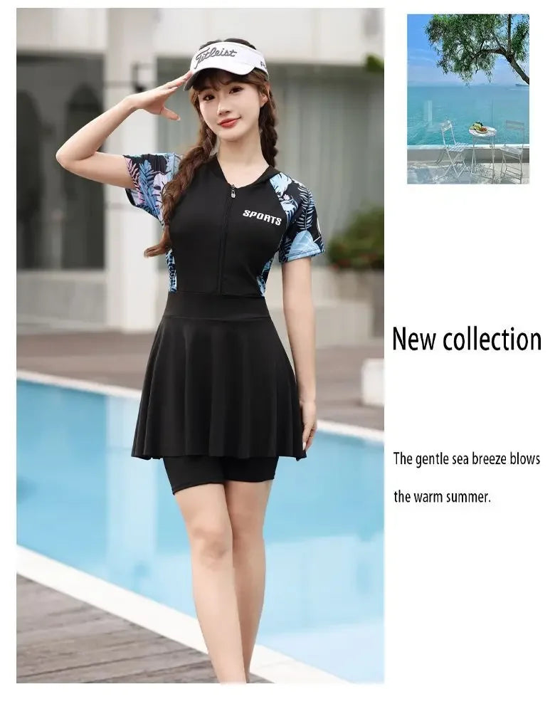 plus size swimsuit women's one-piece skirt short sleeve professional sports swimsuit mother 200kg conservative belly slim hot spring