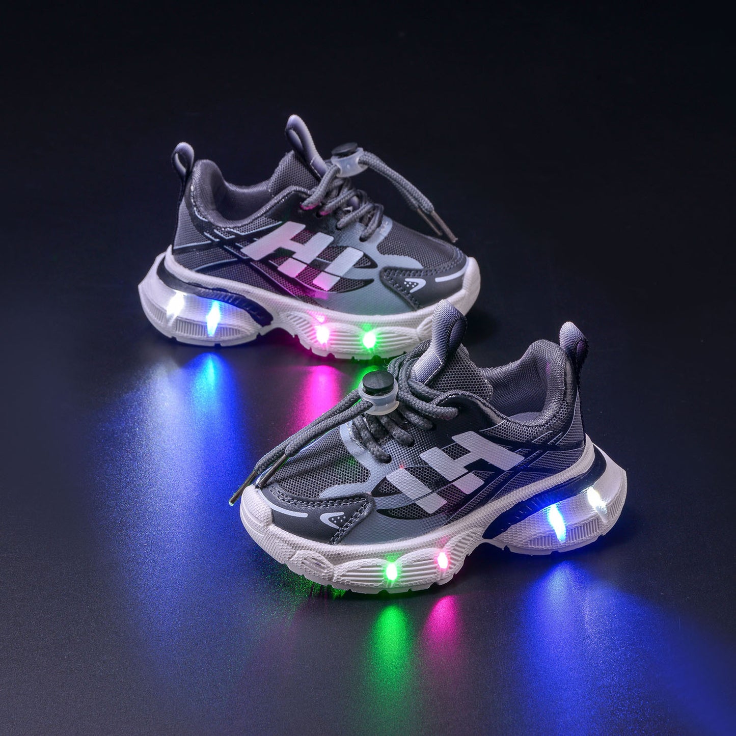 Boys' Breathable Luminous Sports Double Mesh Shoes 2024 Spring and Autumn New Children's Letters Casual LED Lighting Running Shoes