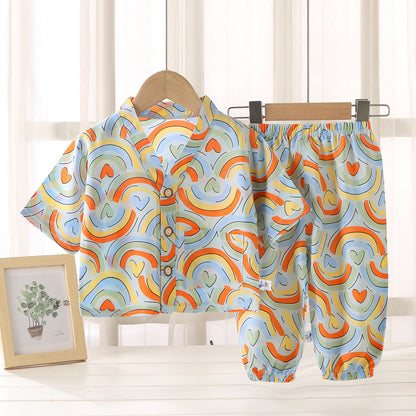 Children's Home Clothes Cotton Silk Suit Summer Boys and Girls Pajamas Artificial Cotton Two-Piece Set Cotton Silk Air-Conditioned Clothes Kidsren's Clothing