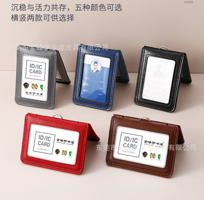 Strict selection of leather card set folding bank work card work card leather card certificate card set hanging rope badge bus
