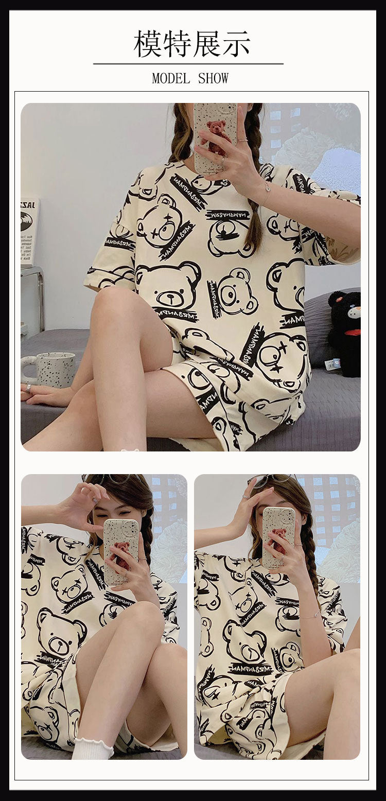New Style Pajamas Women's Summer Short-sleeved Pullover Thin Cartoon Cartoon Bear Girl Home Clothes suit Women's Outwear