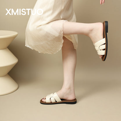 2025 New French Retro Leather Slippers Niche Casual Flat Versatile Slip-On Sandals for Women