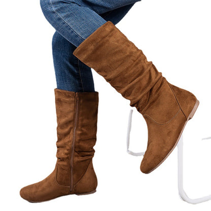 Free Shipping Cross-Border Pleated Fashion Boots with Inner Zipper, Flat Comfortable Women's Boots, Versatile European and American Style Flat Mid-Calf Boots