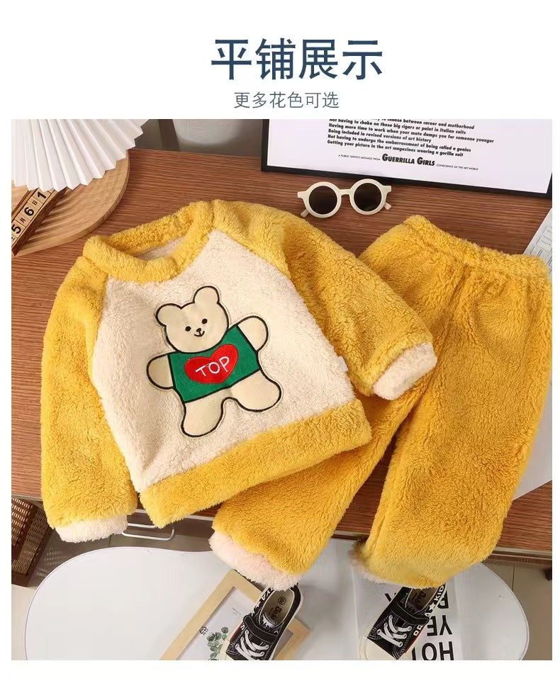 New Kidsren's Flannel Pajamas Set Autumn and Winter Boys and Girls Coral Velvet Thickeneded Home Clothes Two-piece Set