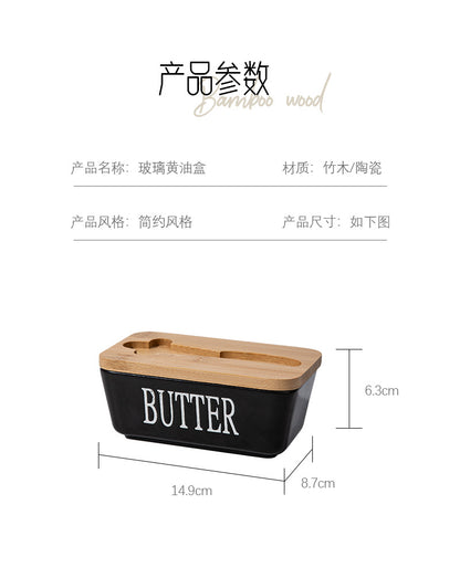 Ceramic Butter Box Rectangular Butter Sealing Box Cuttable Refrigerated Refrigerator Cheese Storage Box with Wooden Lid Butter Dish