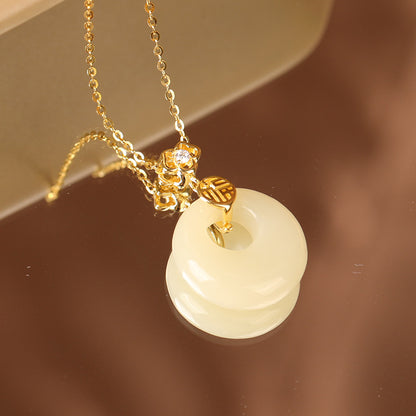 S925 Sterling Silver Hetian Jade Necklace for Women, Chinese Style with the Character for Fortune, Versatile Light Luxury Collarbone Chain, Elegant Gift Accessory, Jade