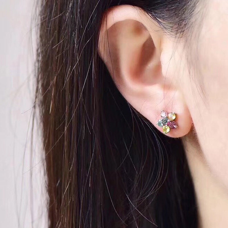Guan Yu S925 Silver Needle Natural Tourmaline Earrings Flower Ear Hooks Gemstone Factory Wholesale Dropshipping S2053101