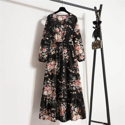 Cross-border Foreign Trade Floral Chiffon Long Dress Women's Spring Dress Long Sleeve Crewneck Base Skirt Waist Slim Long Dress