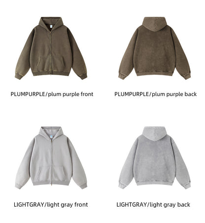 TILANI men's sweater cardigan fleece-lined thickened zipper coat 360g washed vintage waxed casual hoodie