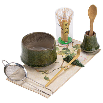 Yao Bian Bamboo Style Ceramic Matcha Four-Piece Set Japanese Matcha Making Tools Tea Bowl Tea Whisk Stand Tea Brush Tea Spoon Accessories