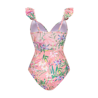 2024 Europe and America Amazon AliExpress one-piece swimsuit Mini ruffled mesh stitching printed swimsuit 2560