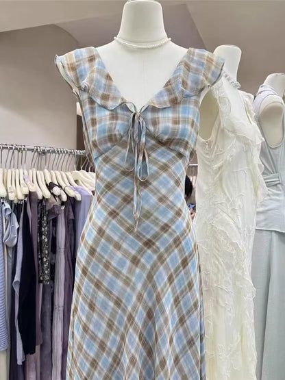 Fashion New Summer French Elegant Temperament Gentle Ruffled Plaid Dress Women's Summer Slimming Age-Reducing Long Dress