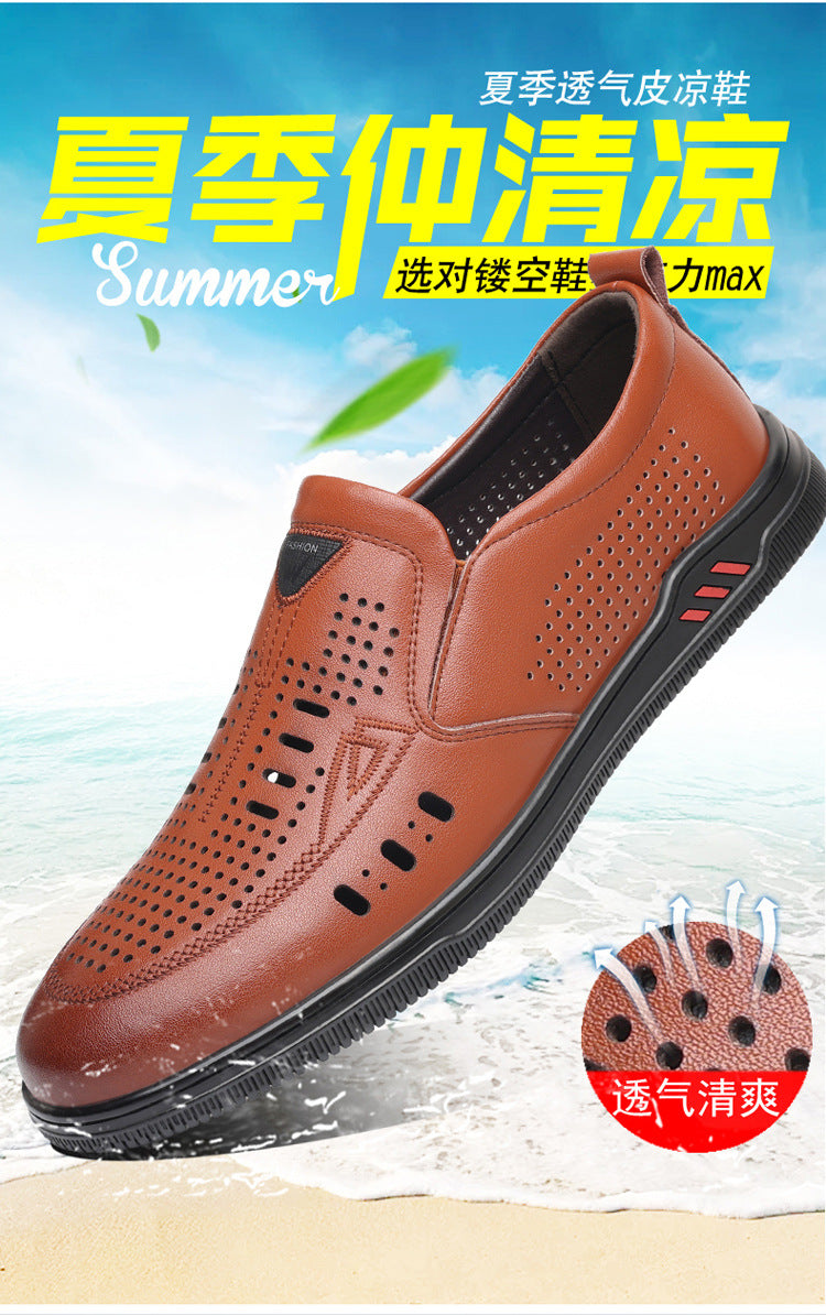 Summer Leather Shoes for Men, Casual Hollow Breathable Clogs, Soft Sole, Soft Mesh Shoes, Foreign Style Men's Shoes, Drop Shipping