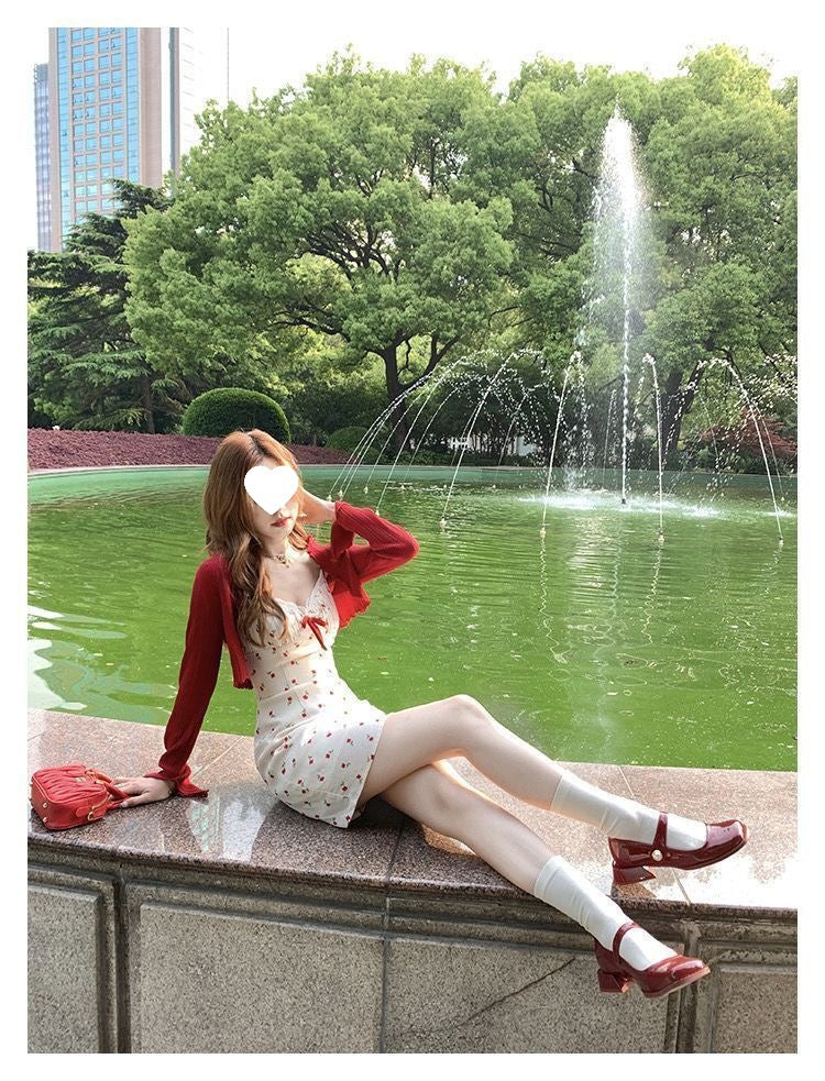 Plus Size Fat mm French Sweet Sexy Sweet Contrasting Suspender Skirt Women's Summer Red Cardigan + Floral Skirt Two-Piece Set